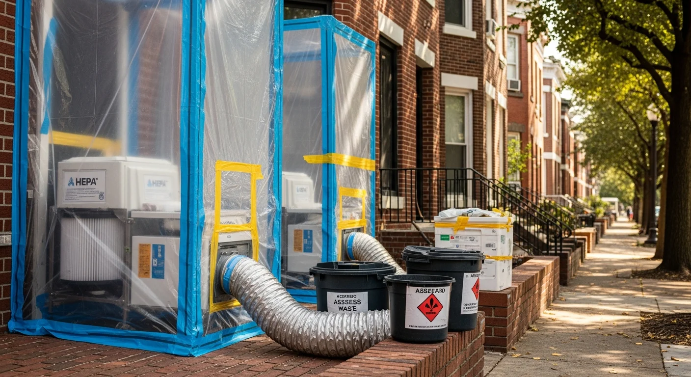 Professional asbestos abatement crew in protective equipment performing safe removal