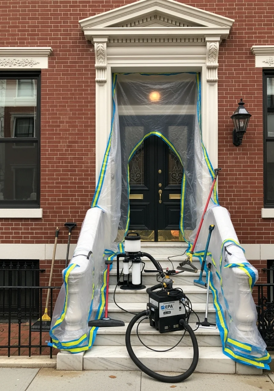Close-up of a DC contractor team working on a residential property entrance, demonstrating attention to detail on a historic building facade.
