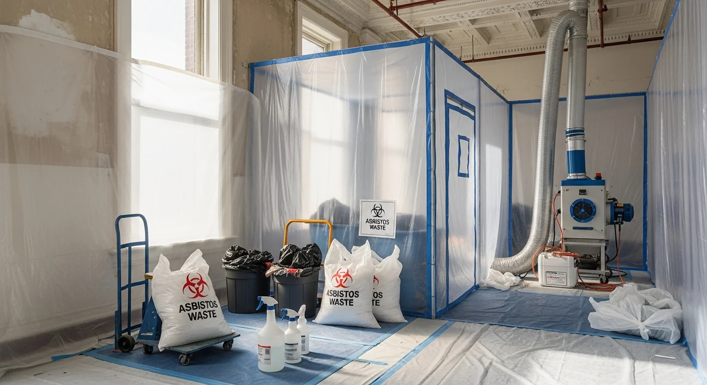A licensed abatement technician in full protective gear removing asbestos-containing pipe insulation inside an older commercial building in Washington DC. The work area is sealed with plastic sheeting to contain airborne fibers during the removal process.