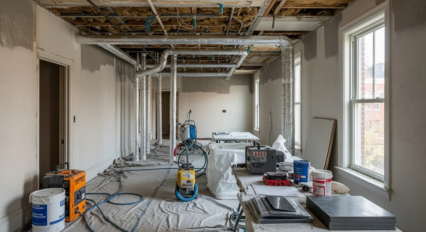 A Rath Enterprises, Inc. technician in full protective gear applying encapsulant sealant to pipe insulation inside an older Washington DC commercial building. The treated pipe surface shows a uniform sealed coating with no visible fiber disturbance.