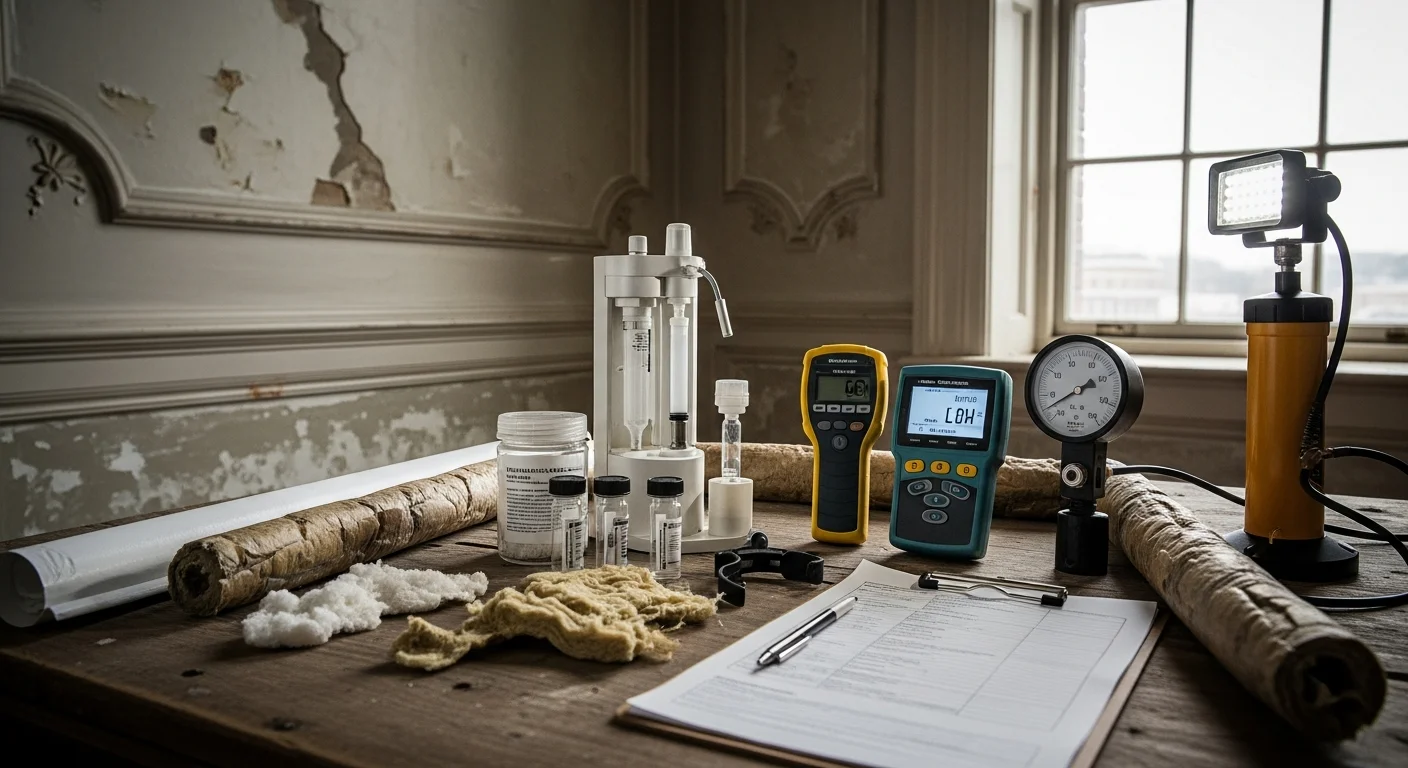 A certified asbestos inspector in protective gear collecting a material sample from pipe insulation inside an older Washington DC building. The inspector holds a labeled sample container next to exposed pipe wrap in a utility room.