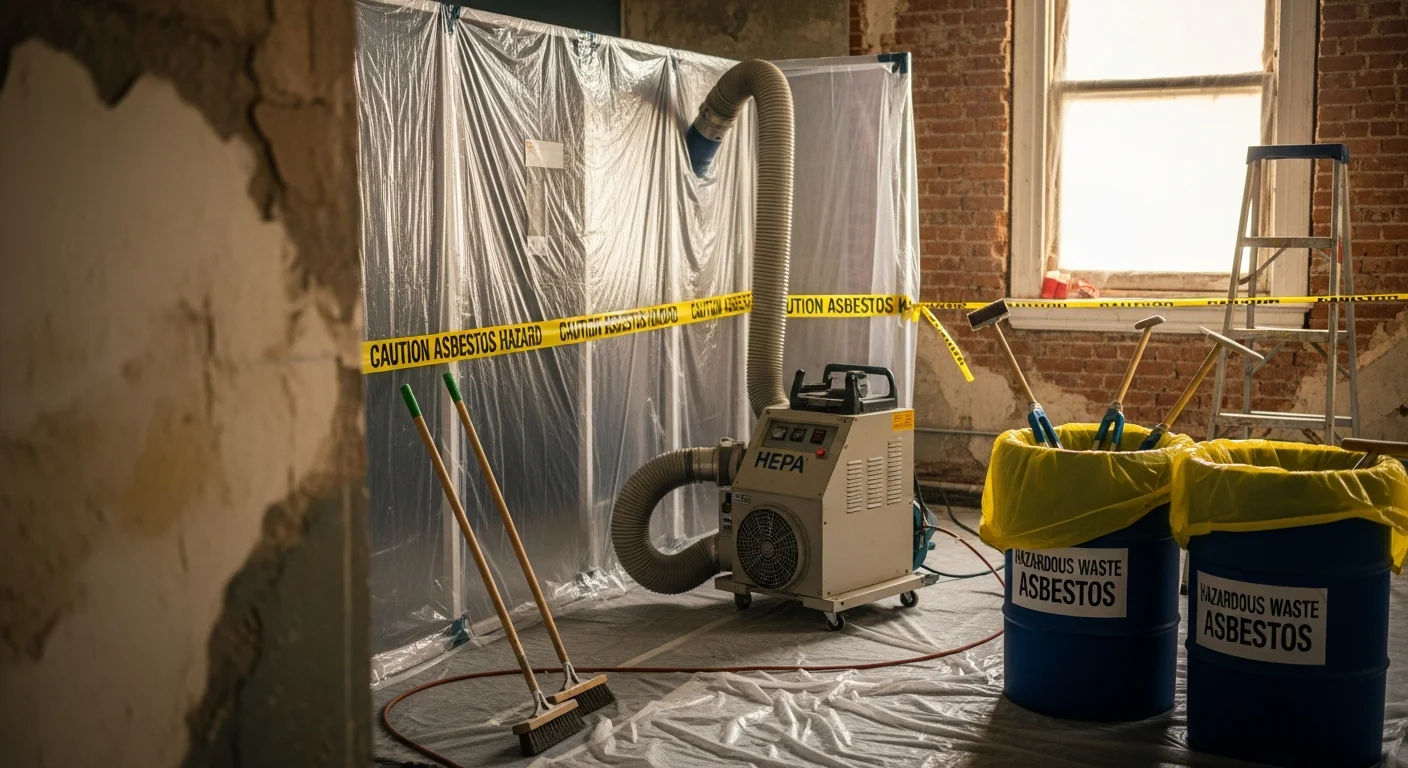 A licensed asbestos removal technician in full protective gear works inside an older Washington DC commercial building, with containment barriers set up around a pipe insulation removal area.