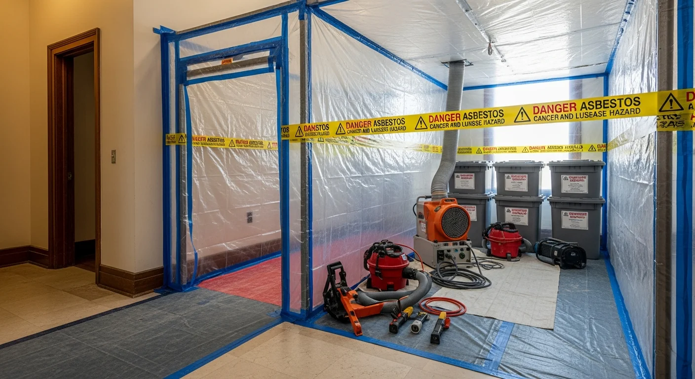 A licensed abatement crew in full protective gear removes asbestos-containing pipe insulation inside a pre-2000 commercial building in Washington DC. The work area is sealed with poly sheeting containment barriers, and warning signage is posted at the entry point.