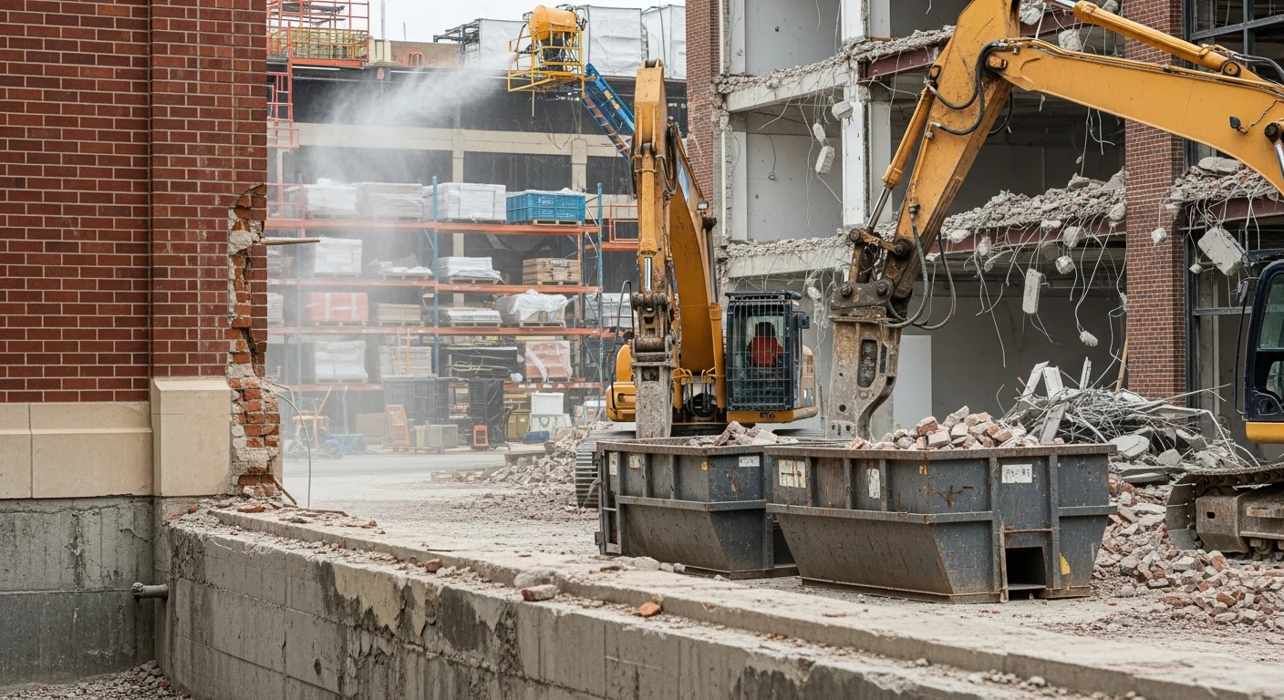 A commercial building in Washington DC mid-demolition, with an excavator removing structural sections while adjacent structures remain intact. Debris is staged on-site in a dense urban block setting.