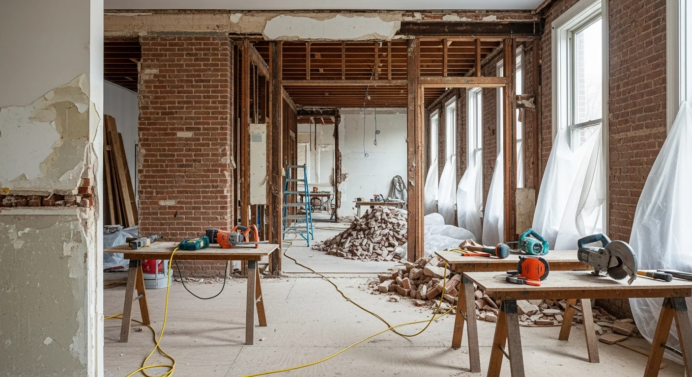 A Washington DC commercial building mid-demolition, with an excavator removing interior structural elements while adjacent walls remain standing. Debris is staged on-site in a dense urban block setting.
