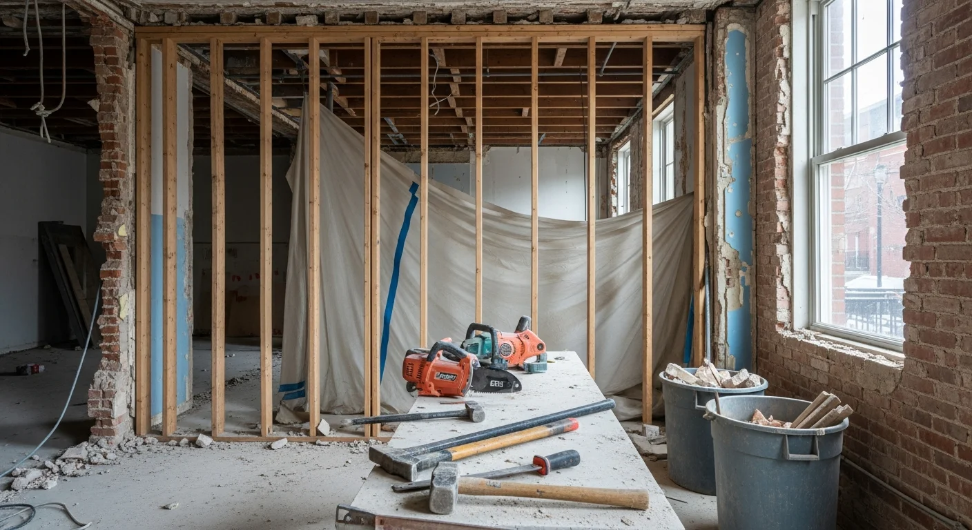 Interior of a Washington, DC commercial building mid-demolition, with walls stripped to the studs and debris cleared from a concrete floor. A crew works in an open gut-out space prepared for renovation.