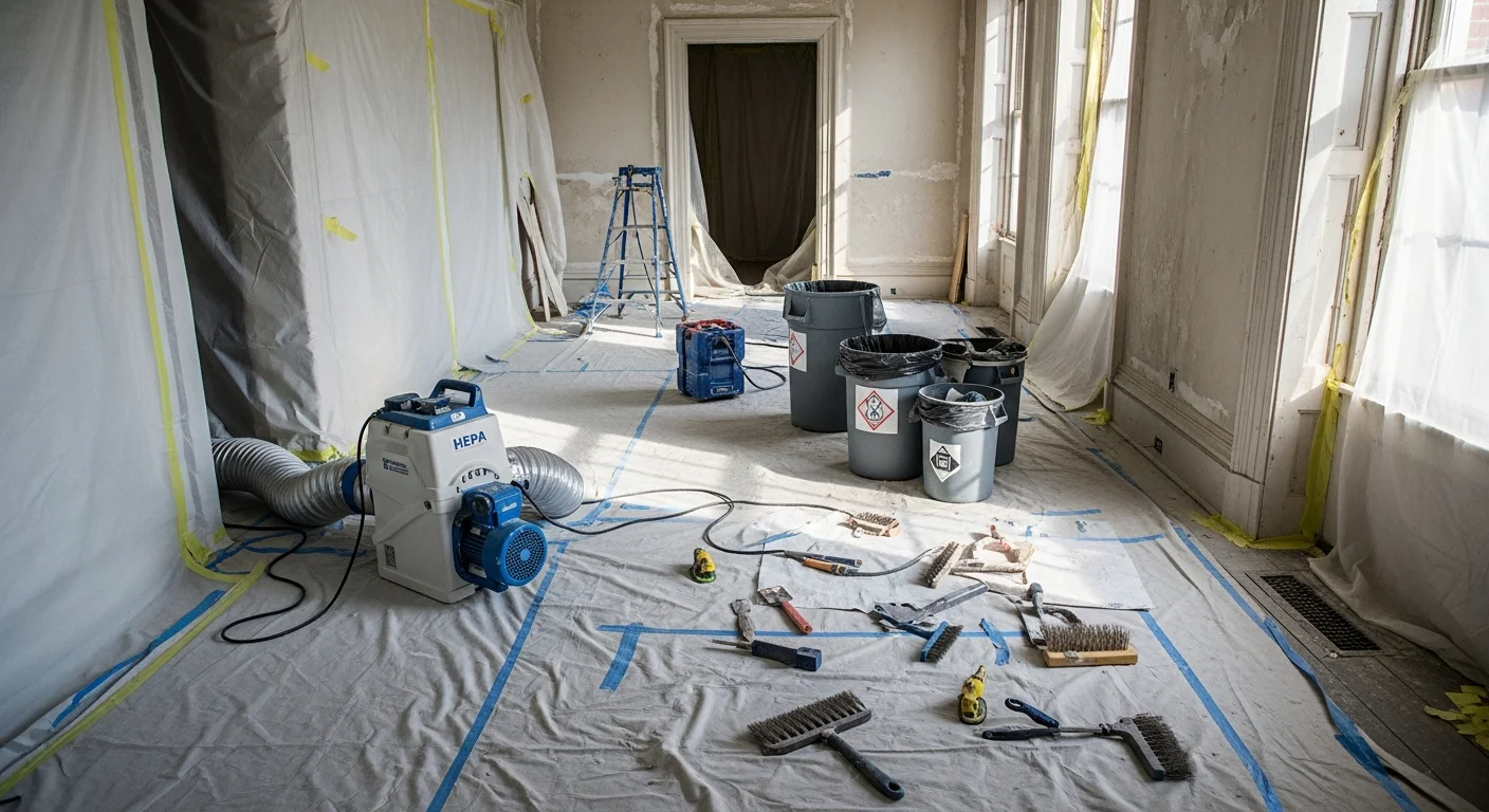 A DOEE-certified abatement worker in full protective gear removing deteriorated lead-based paint from the interior walls of a pre-1978 rowhouse in Washington DC. The work area is fully contained with plastic sheeting and warning signage in place.