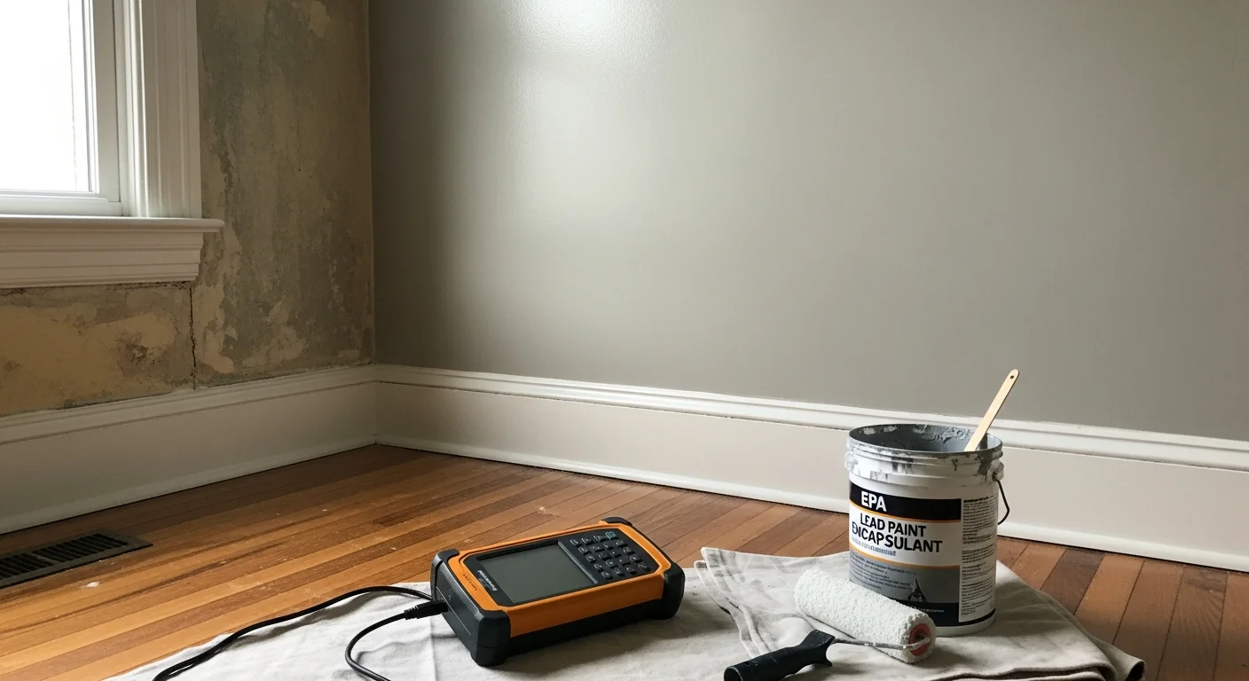A certified technician applying EPA-approved encapsulant coating to a lead-painted interior wall surface inside a pre-1978 Washington DC property. The work area is contained and the technician is wearing full protective equipment.