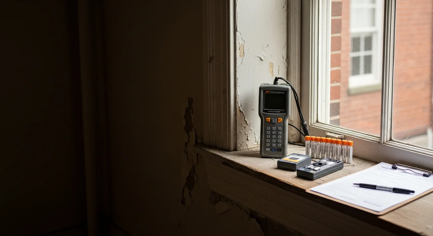 A DOEE-certified lead inspector using an XRF testing device on an interior painted wall surface inside a pre-1978 residential property in Washington DC. A written inspection report and dust wipe sample kit are visible on a nearby table.