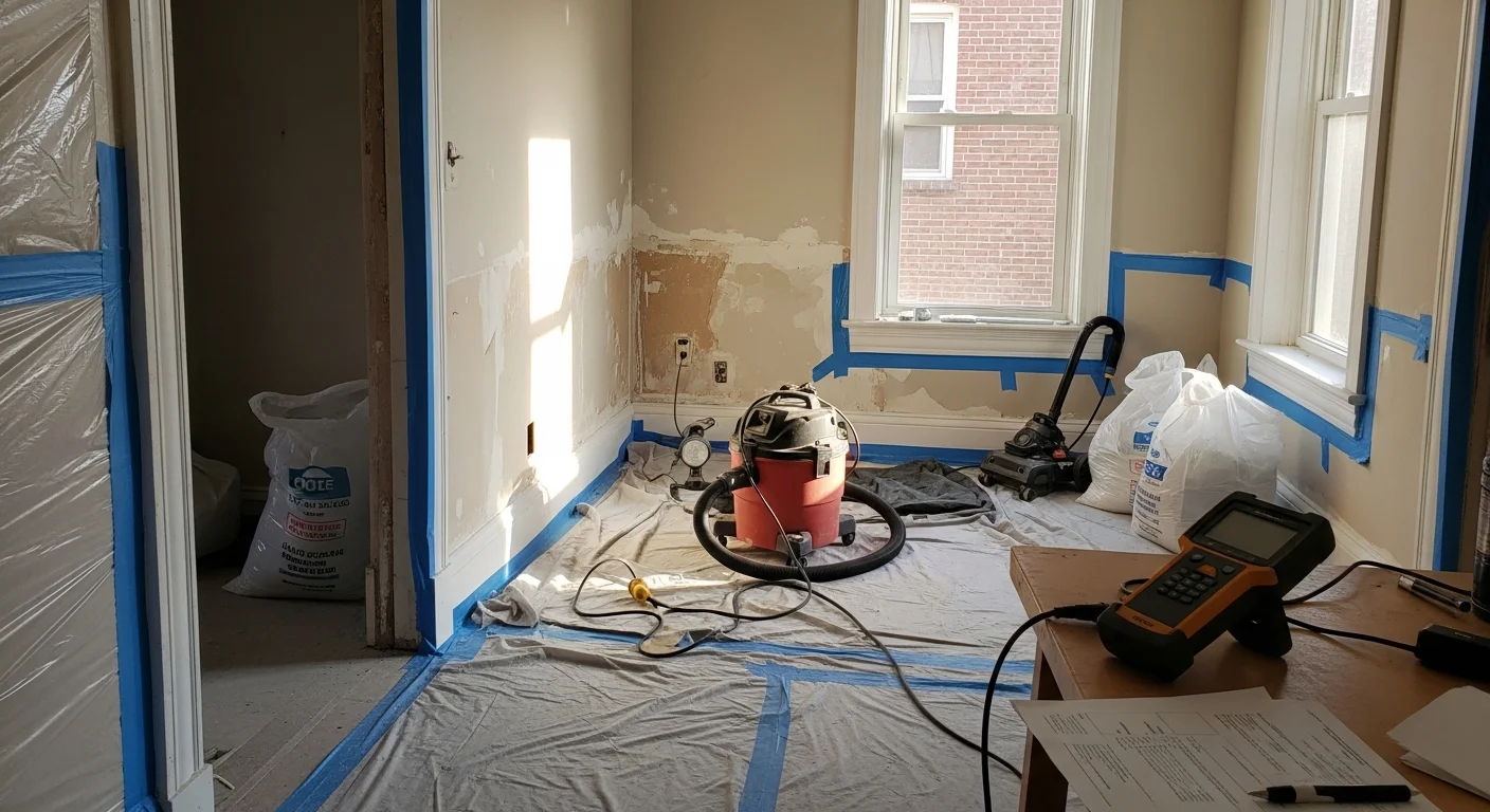 A certified lead abatement worker in full protective gear removing deteriorated paint from interior walls of a pre-1978 Washington DC rowhouse. The work area is fully contained with plastic sheeting to prevent dust from spreading.