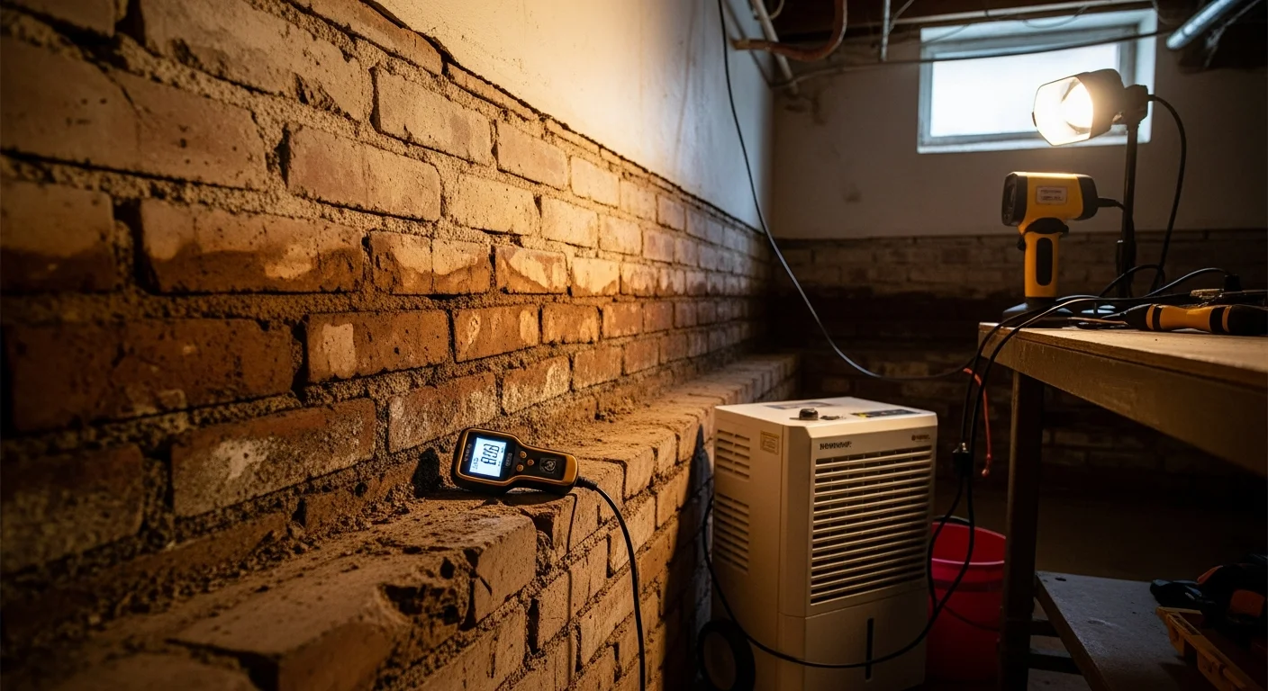 A Washington DC rowhouse basement showing dry, treated foundation walls and a clean crawl space after professional moisture control service. A technician from Rath Enterprises, Inc. inspects the area for remaining dampness.