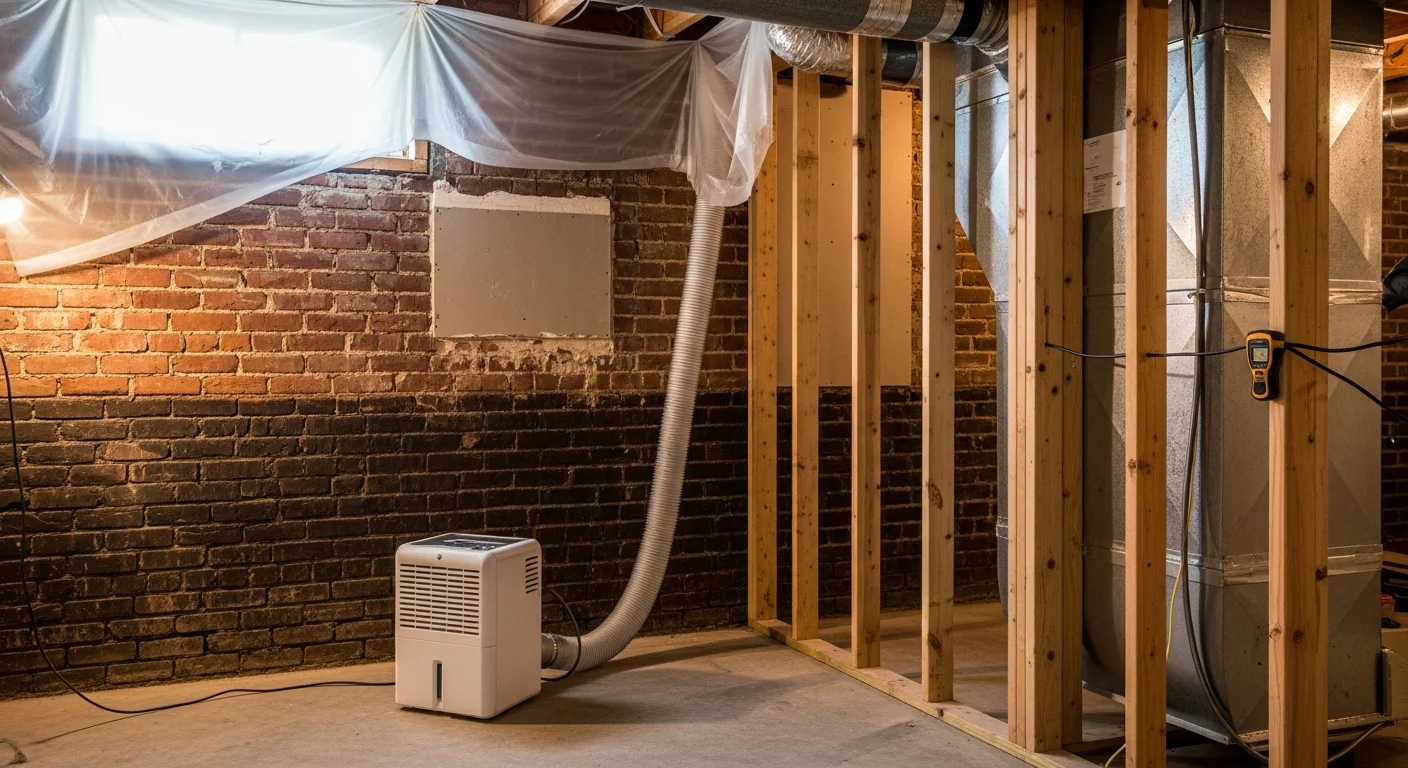 A Washington, DC basement after professional mold remediation, showing clean, treated wall surfaces and dried structural materials. A technician in protective gear inspects the remediated area near a below-grade foundation wall.
