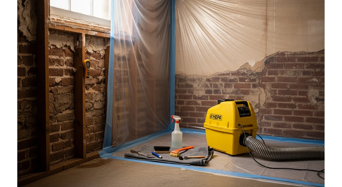 A mold remediation technician in protective gear removing mold-damaged drywall from the basement of a Washington DC row house. Containment plastic sheeting is visible along the walls, with HEPA air filtration equipment running in the background.