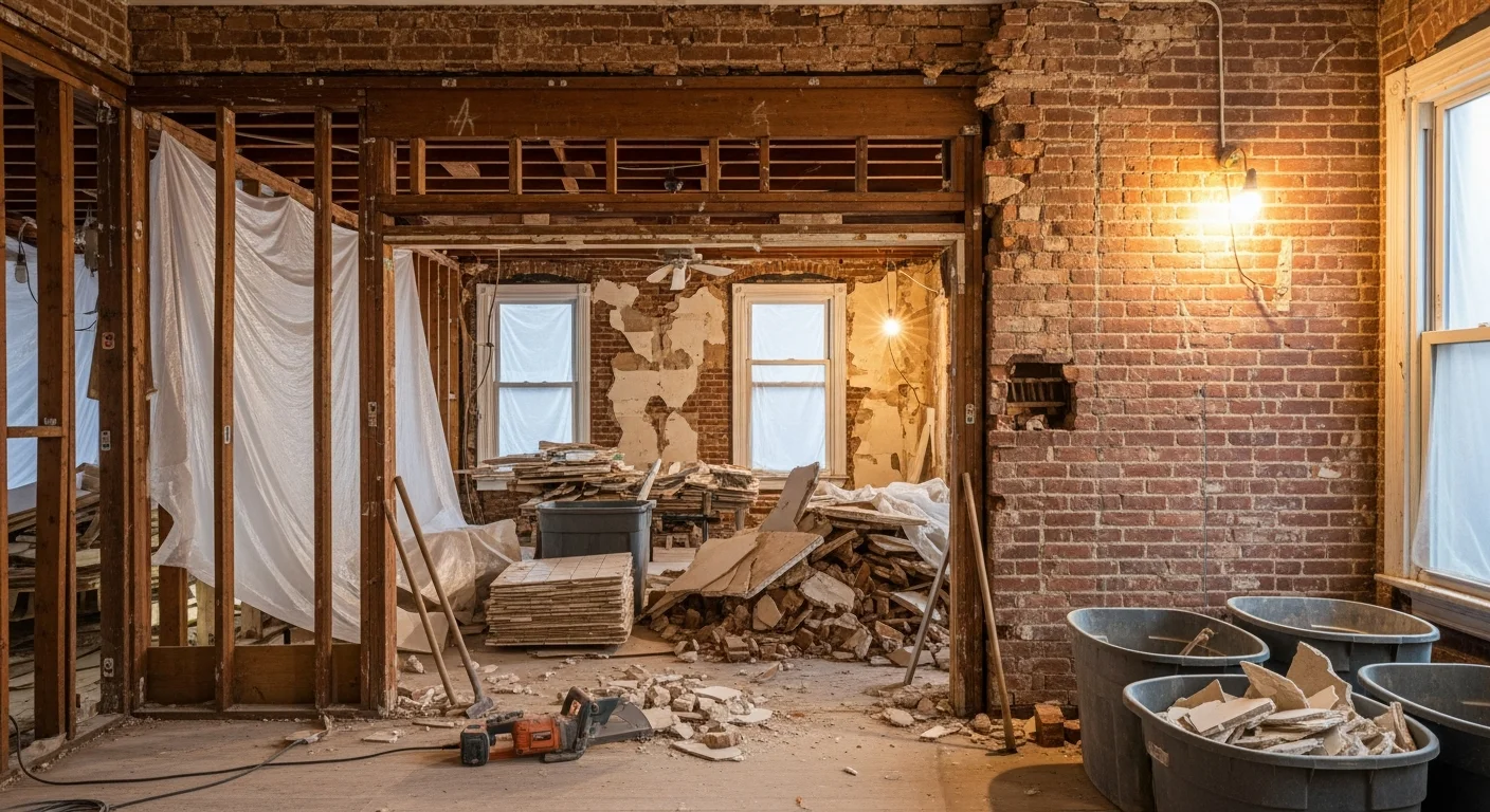 A residential demolition site in Washington, DC showing a cleared lot after a full rowhouse teardown. Debris has been removed and the surrounding structures remain intact.