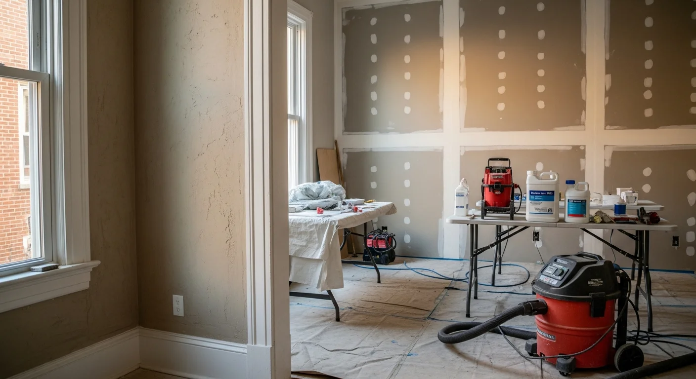 A certified lead abatement worker in protective gear carefully removing deteriorated paint from window trim inside a pre-1978 Washington DC rowhouse. The work area is fully contained with plastic sheeting to prevent lead dust from spreading to adjacent rooms.