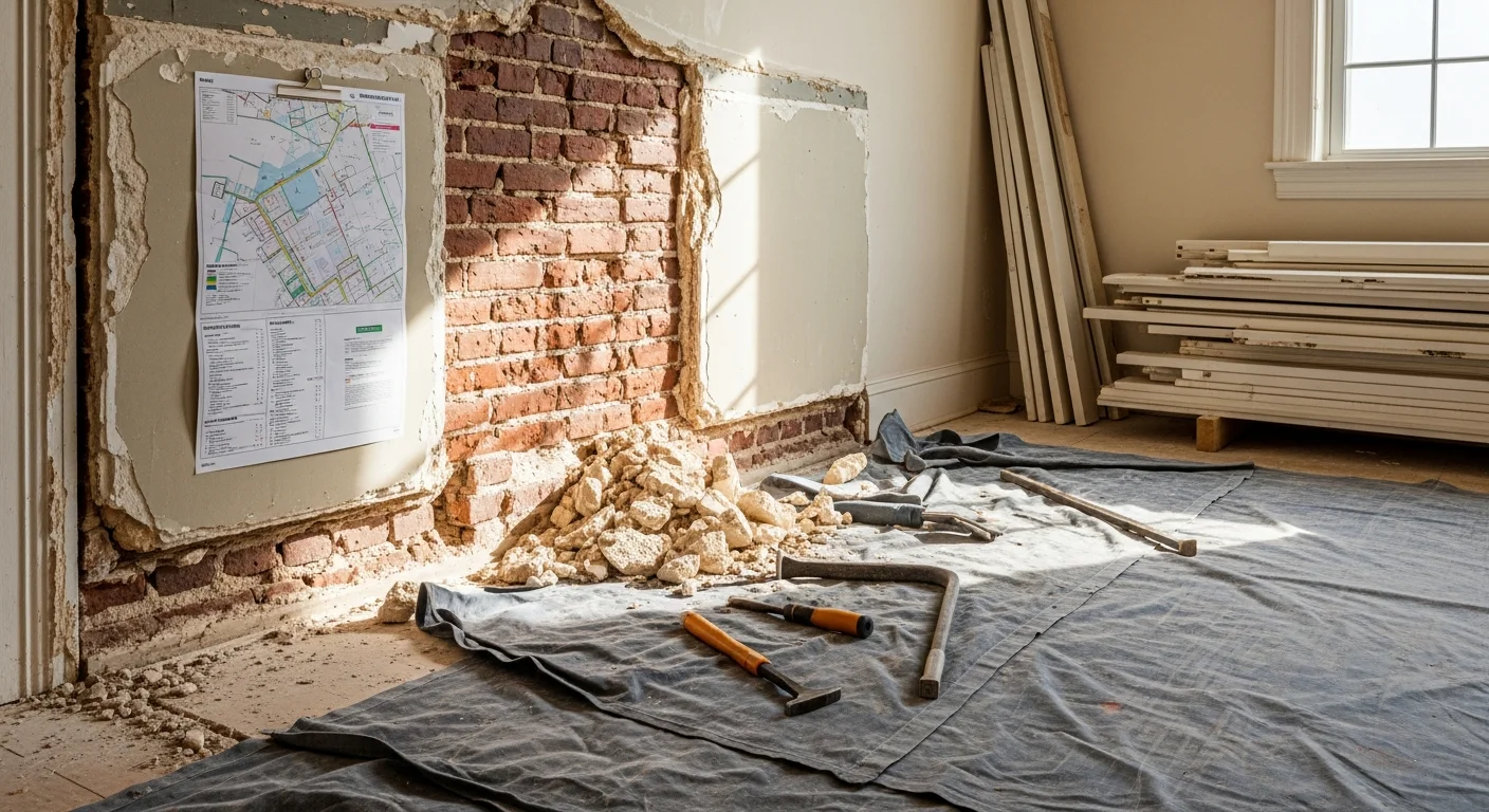 Interior of a Washington, DC commercial building mid-selective demolition, with specific partition walls removed and surrounding structure left intact. Debris is contained to the work zone while adjacent office spaces remain undisturbed.